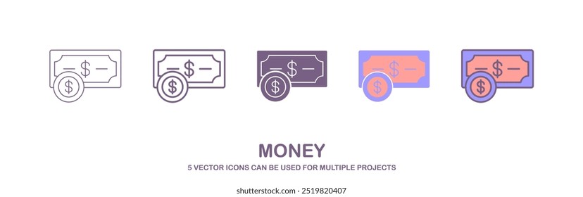 Money icon in flat color style. Banknotes, coins, cash. Graphic design elements illustrating wealth, finance, money and the economy, a set of icons with 5 different styles