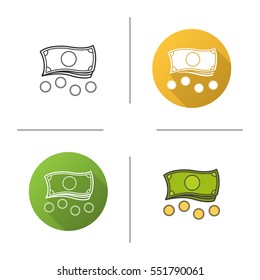 Money icon. Flat design, linear and color styles. Cash and coins. Isolated vector illustrations