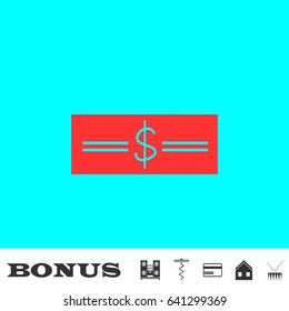 Money icon flat. Red pictogram on blue background. Vector illustration symbol and bonus buttons Music center, corkscrew, credit card, house, drum