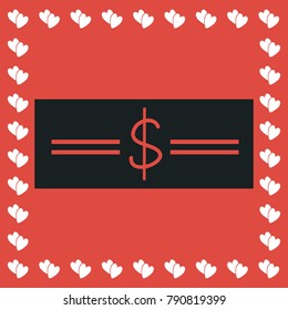 Money icon flat. Simple black pictogram on red background with white hearts for valentines day. Vector illustration symbol