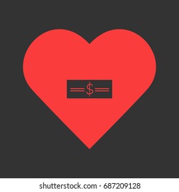 Money icon flat. Simple pictogram on heart background. Vector illustration symbol