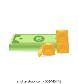 Money Icon In Flat Style Isolated. Dollar Icon. Pile Of Cash And Coins. Vector Illustration.