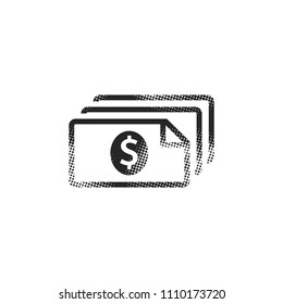 Money icon in halftone style. Black and white monochrome vector illustration.