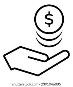Money icon in hand palm, giving cash. Cash collect symbol. Dollar currency, euro coin. Graphic of money on hand for web, website or mobile app. Black linear icon, hand holding coins. Vector