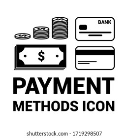 Money icon. Image of coins, bills and credit card. Basic icon of finance and economy.