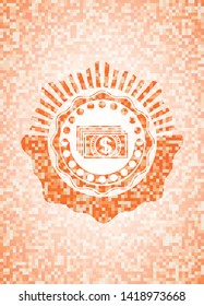 money icon inside abstract emblem, orange mosaic background