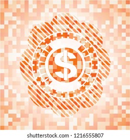 money icon inside abstract orange mosaic emblem with background