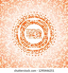 money icon inside abstract orange mosaic emblem with background
