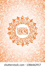 money icon inside abstract orange mosaic emblem