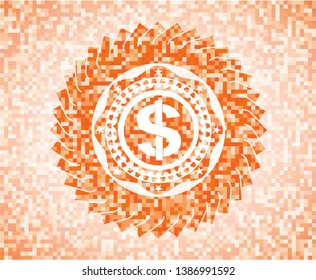 money icon inside abstract orange mosaic emblem