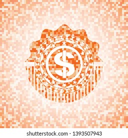money icon inside abstract orange mosaic emblem with background