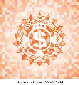 money icon inside abstract orange mosaic emblem with background