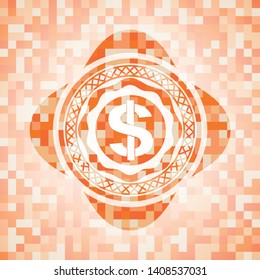 money icon inside abstract orange mosaic emblem with background