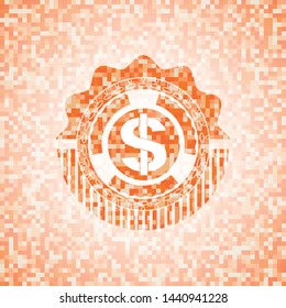 money icon inside abstract orange mosaic emblem