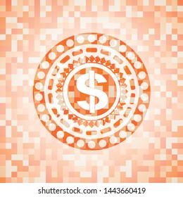 money icon inside abstract orange mosaic emblem