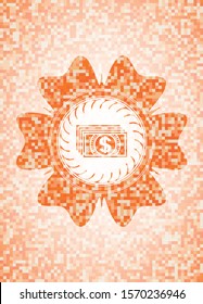money icon inside abstract orange mosaic emblem with background