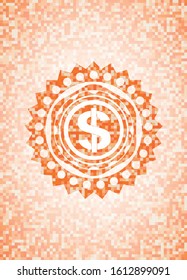 money icon inside abstract orange mosaic emblem with background