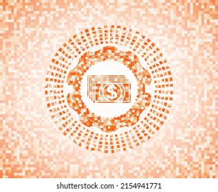 money icon inside abstract orange mosaic emblem with background. 
