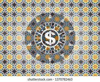 money icon inside arabic badge background. Arabesque decoration.