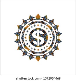money icon inside arabic badge. Arabesque decoration.