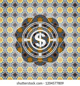 money icon inside arabic emblem background. Arabesque decoration.