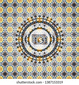 money icon inside arabic emblem background. Arabesque decoration.