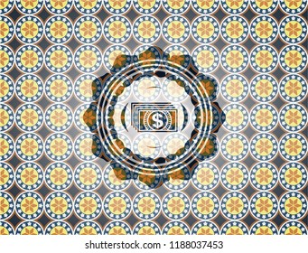 money icon inside arabic style badge. Arabesque decoration.