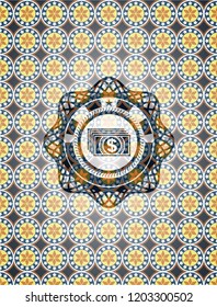 money icon inside arabic style badge. Arabesque decoration.