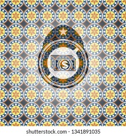 money icon inside arabic style emblem. Arabesque decoration.