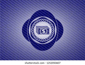 money icon inside badge with jean texture