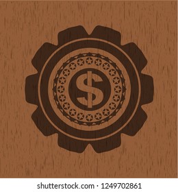 money icon inside badge with wood background