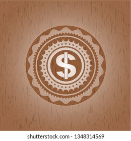 money icon inside badge with wood background