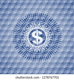 money icon inside blue badge with geometric pattern background.