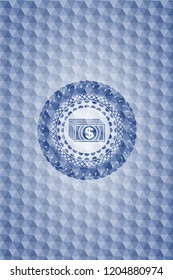 money icon inside blue emblem or badge with abstract geometric pattern background.