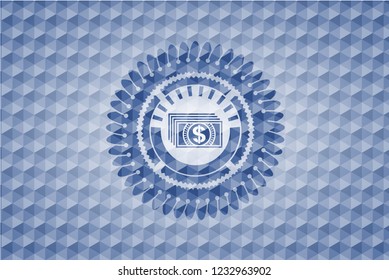 money icon inside blue emblem or badge with geometric pattern background.