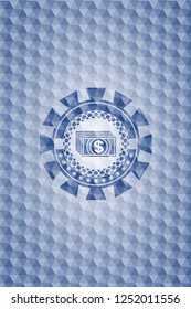 money icon inside blue emblem or badge with abstract geometric pattern background.