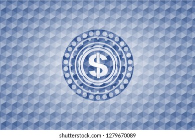 money icon inside blue emblem with geometric pattern.