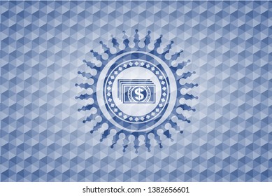 money icon inside blue emblem with geometric pattern background.