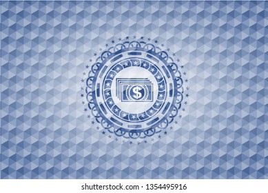 money icon inside blue polygonal badge.