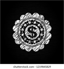 money icon inside chalkboard emblem written on a blackboard