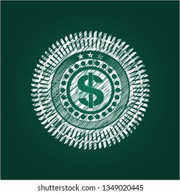 money icon inside chalkboard emblem written on a blackboard