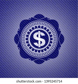 money icon inside emblem with jean background