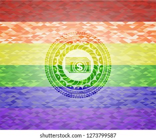 money icon inside emblem on mosaic background with the colors of the LGBT flag