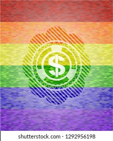 money icon inside emblem on mosaic background with the colors of the LGBT flag