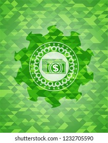 money icon inside green emblem. Mosaic background