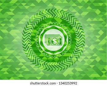 money icon inside green emblem with mosaic background