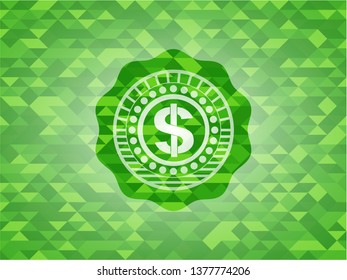 money icon inside green emblem with mosaic background