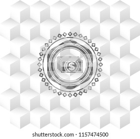 money icon inside grey badge with geometric cube white background
