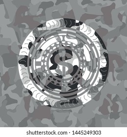 money icon inside grey camouflaged emblem