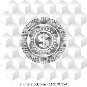 money icon inside grey emblem with cube white background